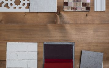 Samples of material, wood , on concrete table.Interior design select material for idea. Decoration idea concept vintage material.